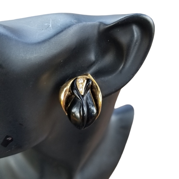 KENNETH JAY LANE FOR AVON 1989 "MIDNIGHT ROSE" BLACK & GOLD STATEMENT EARRINGS - Picture 1 of 6